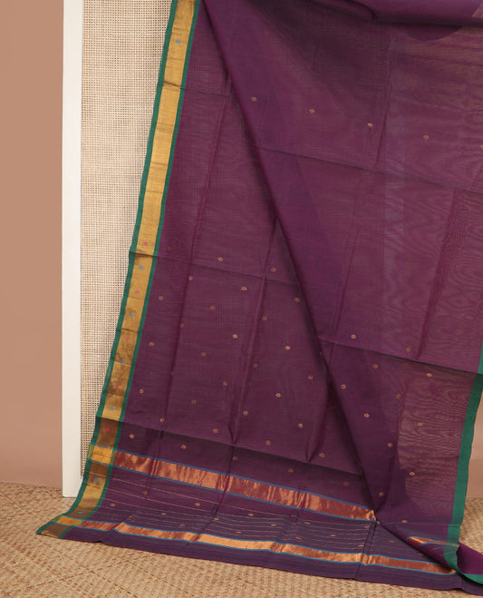 Purple zari buttas Venkatagiri cotton saree, contrast meena buttas border & pallu of zari stripes