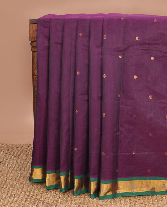 Purple zari buttas Venkatagiri cotton saree, contrast meena buttas border & pallu of zari stripes