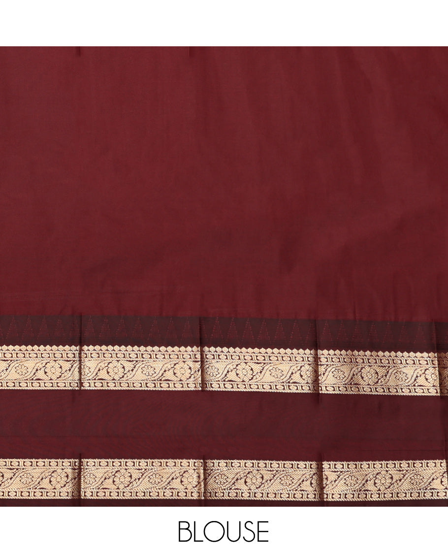 Pale Brown Budget Silk Saree Features Zari Buttas, Complemented by a Contrast Traditional Zari Rettai Pettu Border, Jaal Pallu, and Contrast Blouse