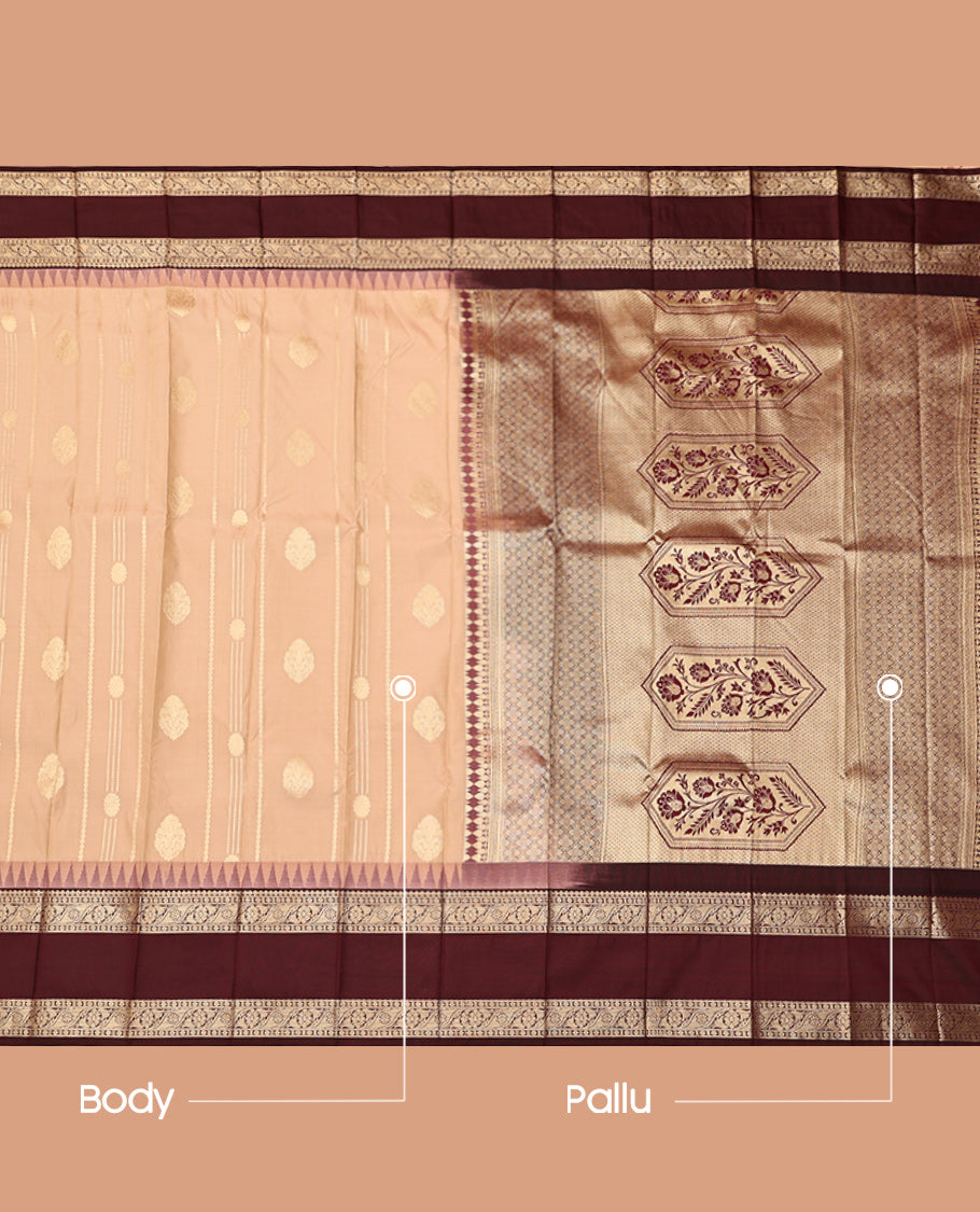 Pale Brown Budget Silk Saree Features Zari Buttas, Complemented by a Contrast Traditional Zari Rettai Pettu Border, Jaal Pallu, and Contrast Blouse