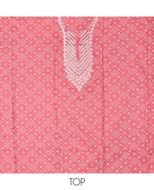 Pink Material Chudidar Set, Adorned with Jaal-Pattern Print and Neck Embroidery on Rayon Top, a Contrast Polka Dot Printed Bottom, and Paired with Embroidered Chiffon Dupatta