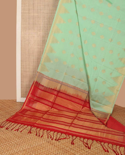 light green motifs soft silk saree with self temple border & bhavanji pallu