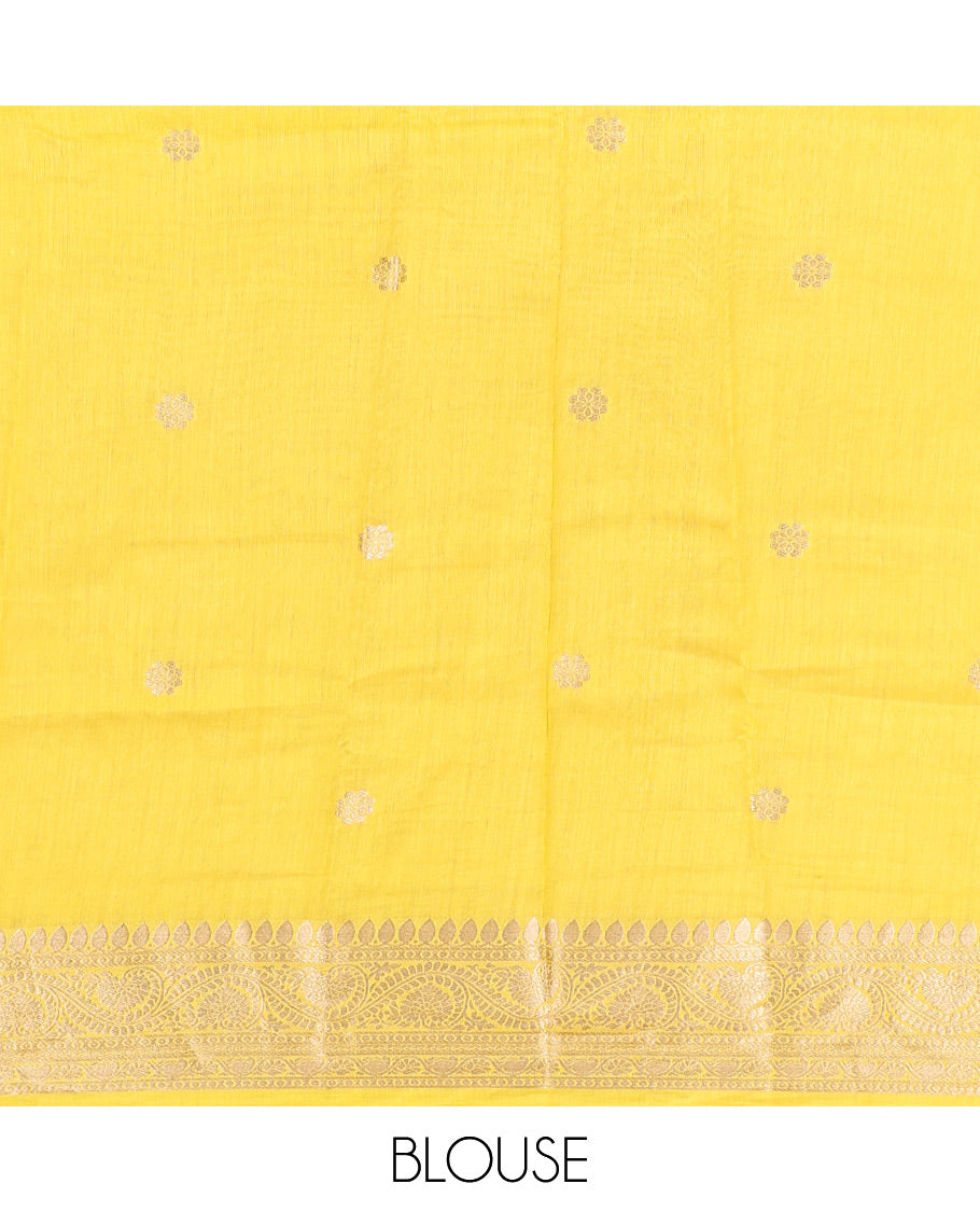 Green Assam Silk Saree, Delicately Woven with Zari Buttas, Highlighted by a Zari Floral Creeper Woven Border, Zari-Striped Pallu, and a Matching Blouse