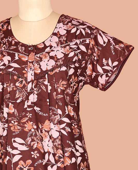 Maroon Half Sleeves Cotton-Blended Nighty