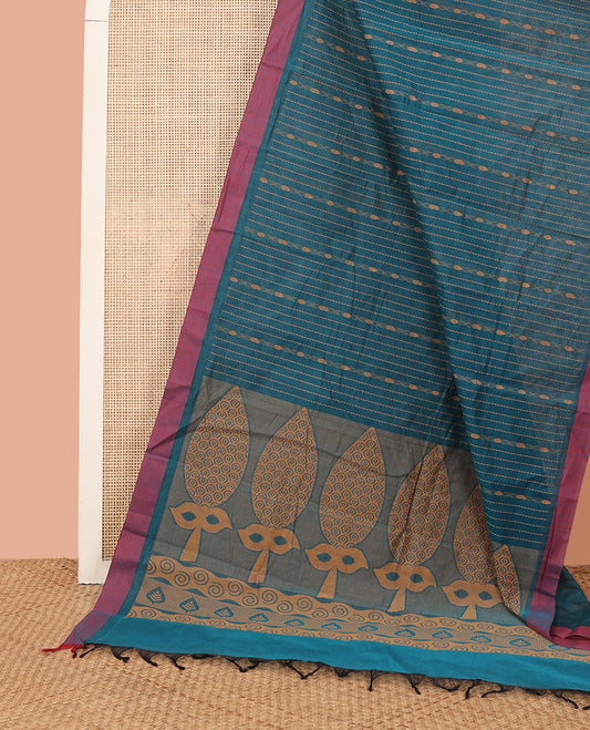 Blue Kanchi Cotton Saree, Mesmerized with Thread Stripes All Over Its Body, Complemented by Contrast Border, Pallu Featuring Intricate Designs, and Paired with a Matching Blouse