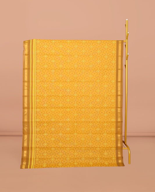 Yellow Chirala Cotton Saree, Accentuated with an Argyle Design, a Contrast Zari Border, Contrast Peacock Pallu, and a Contrast Blouse