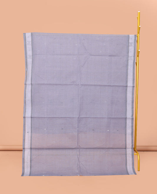 Grey Bengal Cotton Saree, Woven with Buttas, a Subtle Border, Pallu of Stripes, and a Matching Blouse