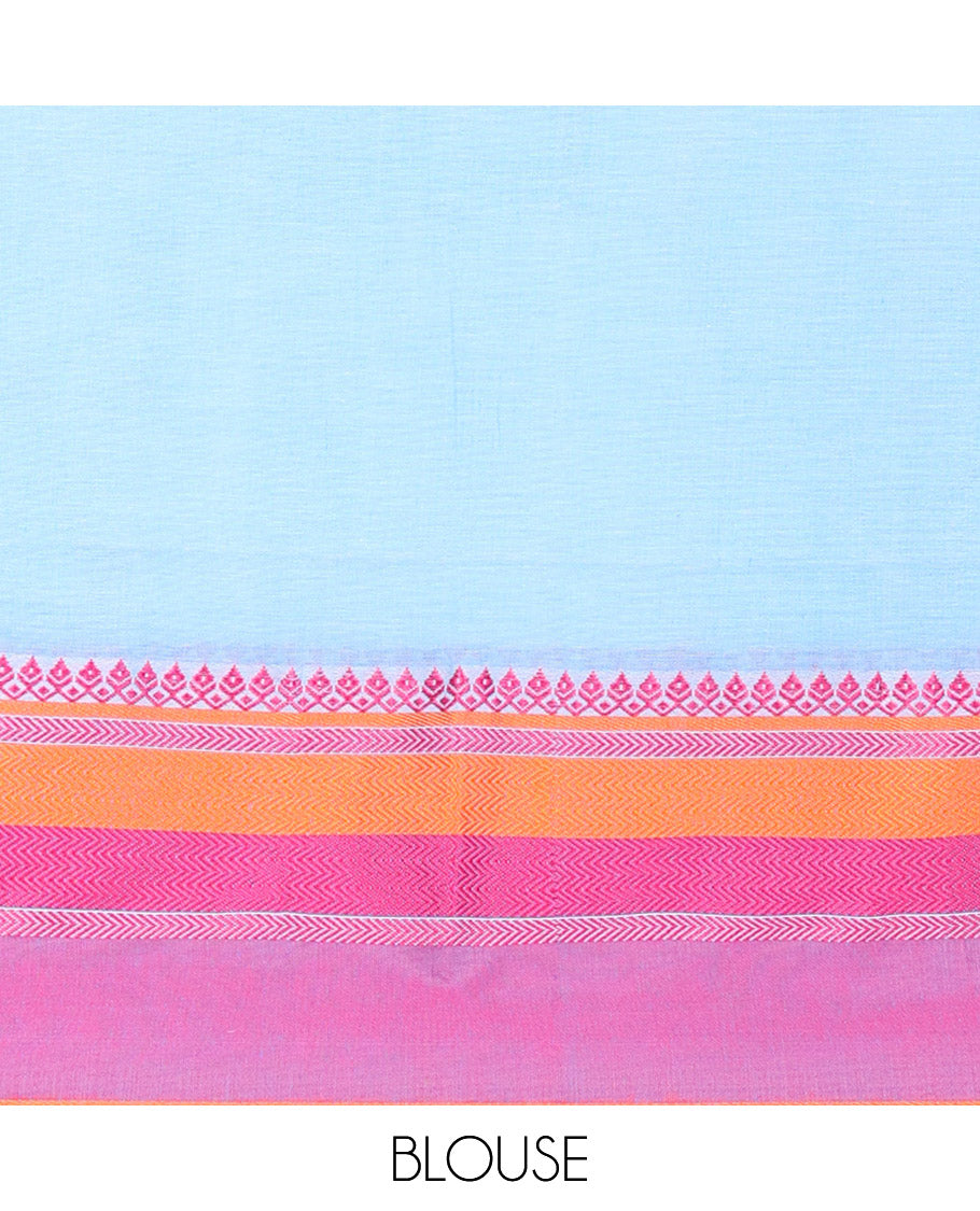 Blue Plain Khadi Mul Cotton Saree, Complemented by a Contrast Thread-Woven Border of Geometric Patterns, Contrast Plain Pallu, and Paired with a Matching Blouse