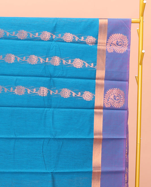 Blue Semi-Silk Cotton Saree, Opulently Embellished with Floral Creeper Design All Over Its Body, Complemented by a Contrast Paisley Zari Design Border, Pallu of Paisley Design, and Paired with a Matching Blouse