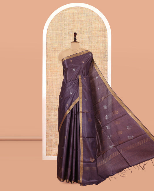 Violet Tussar Saree, Detailed with Buttas, a Subtle Zari Border, Pallu of Butterfly Buttas, and a Matching Blouse