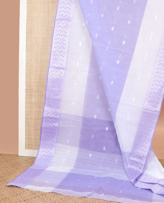 White with Lavender motifs bangal cotton saree with contrast floral design border & striped pallu