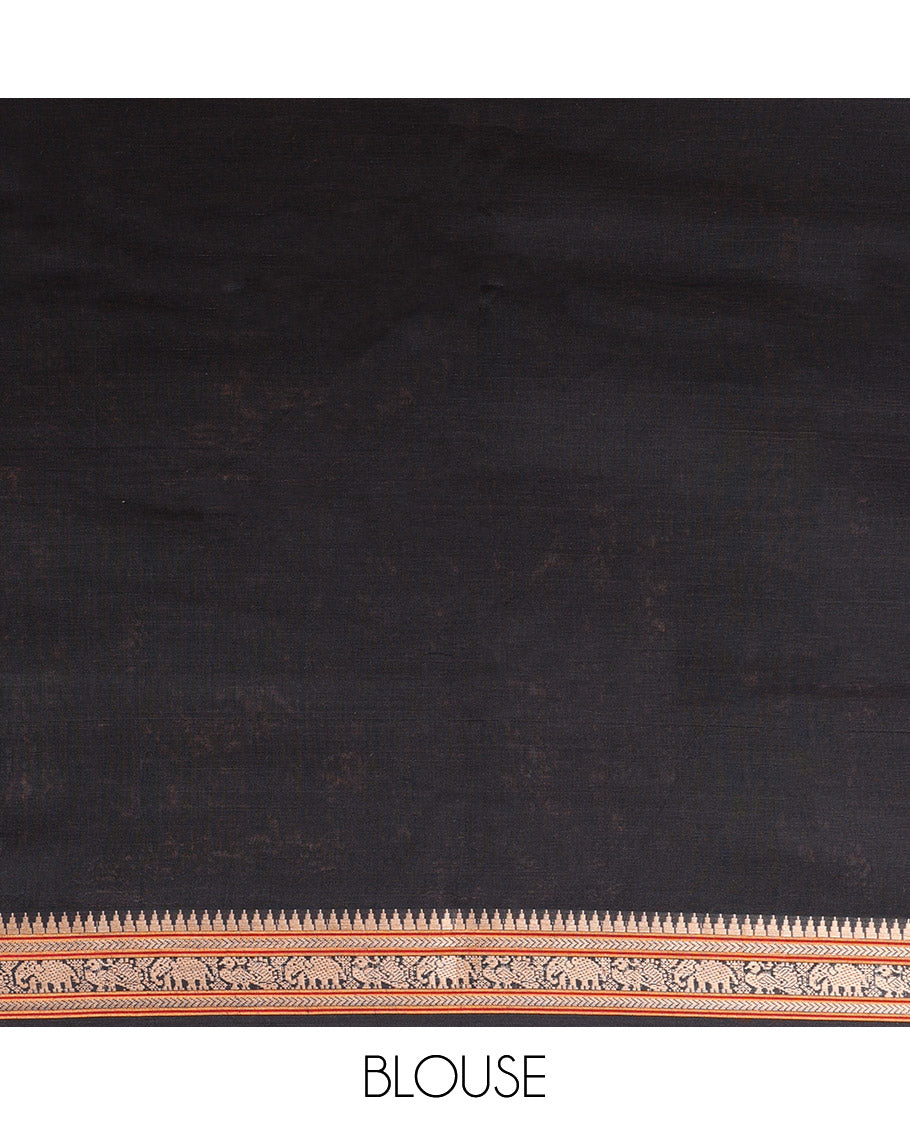 Black Plain Narayanpet Cotton Saree, Complemented by a Temple Thread Woven Border of Elephant and Peacock Designs, Subtly Striped Pallu, and Paired with a Matching Blouse