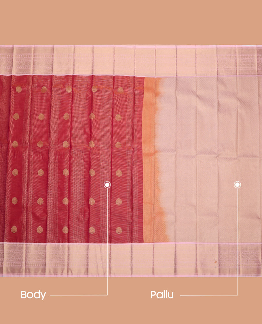 Red Budget Silk Saree, Artfully Detailed with Zari Buttas and Stripes, Complemented by a Contrast Traditional Zari Border, Jaal Pallu, and a Contrast Blouse