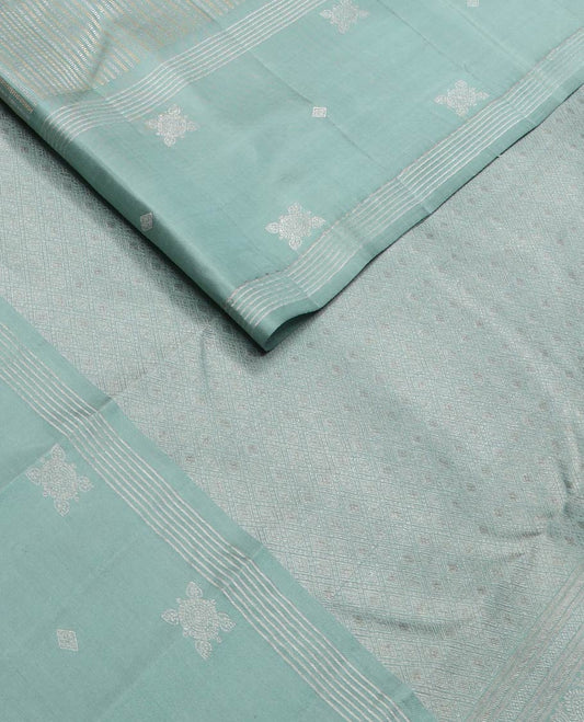 Green zari stripes silk saree, self-border of zari designs & pallu of zari-woven jaal designs
