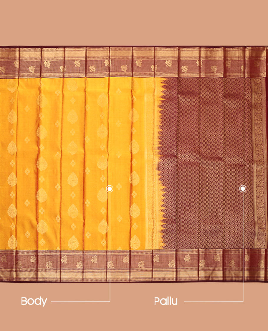 Yellow Budget Silk Saree, Subtly Sparkled with Zari Buttas, Complemented by a Contrast Traditional Zari Border, Grand Pallu, and a Contrast Blouse