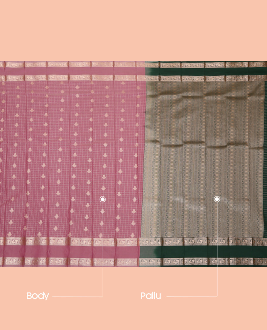 Onion Pink Budget Silk Saree, Beautified with Zari Buttas and Checks, Highlighted by Traditional Zari Rettai Pettu Border, Contrast Grand Pallu, and a Contrast Blouse