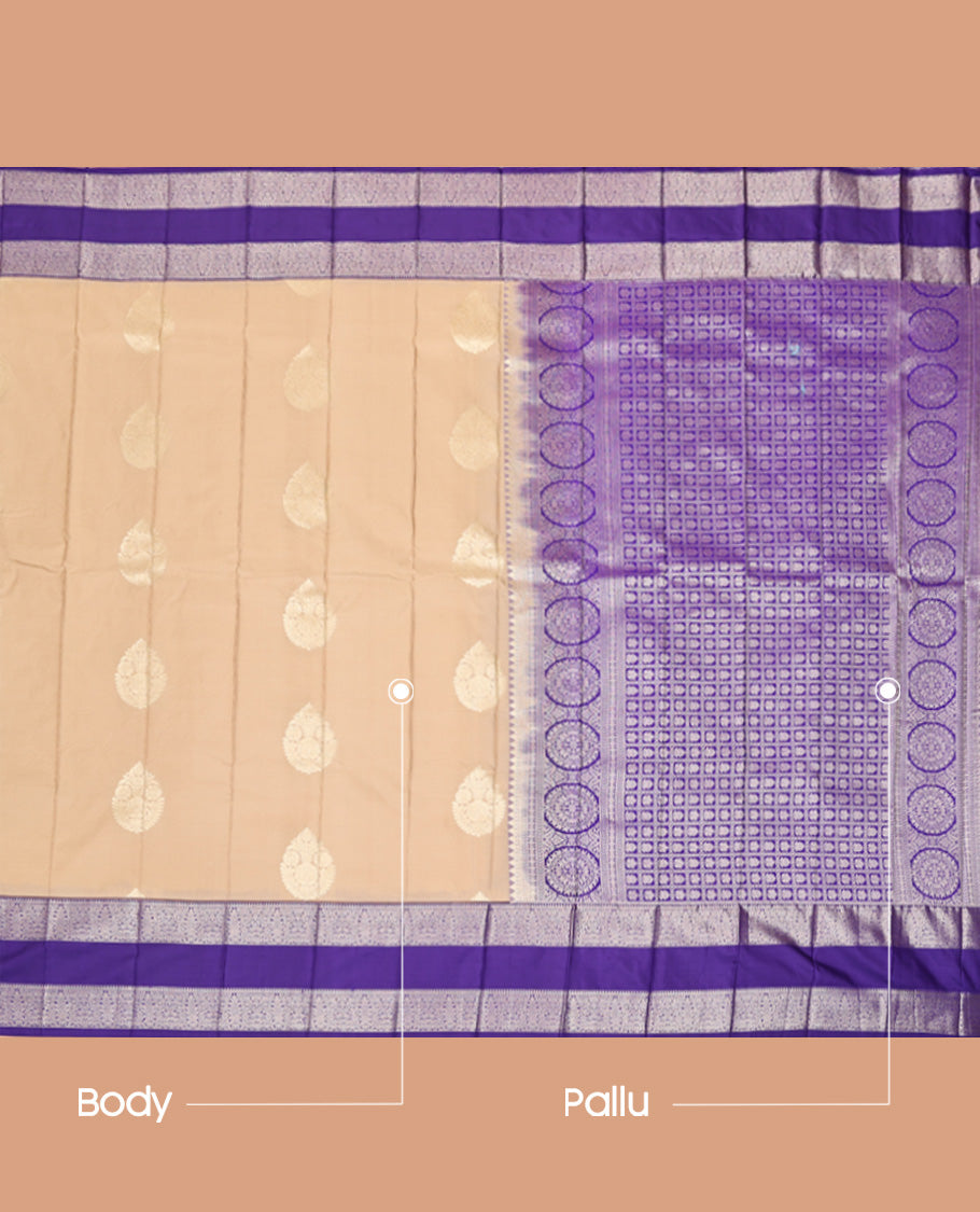 Sandal Budget Silk Saree, Sparsely Woven with Zari Buttas, Complemented by a Contrast Traditional Zari Design Rettai Pettu Border, Intricately Designed Pallu, and Paired with a Contrast Blouse