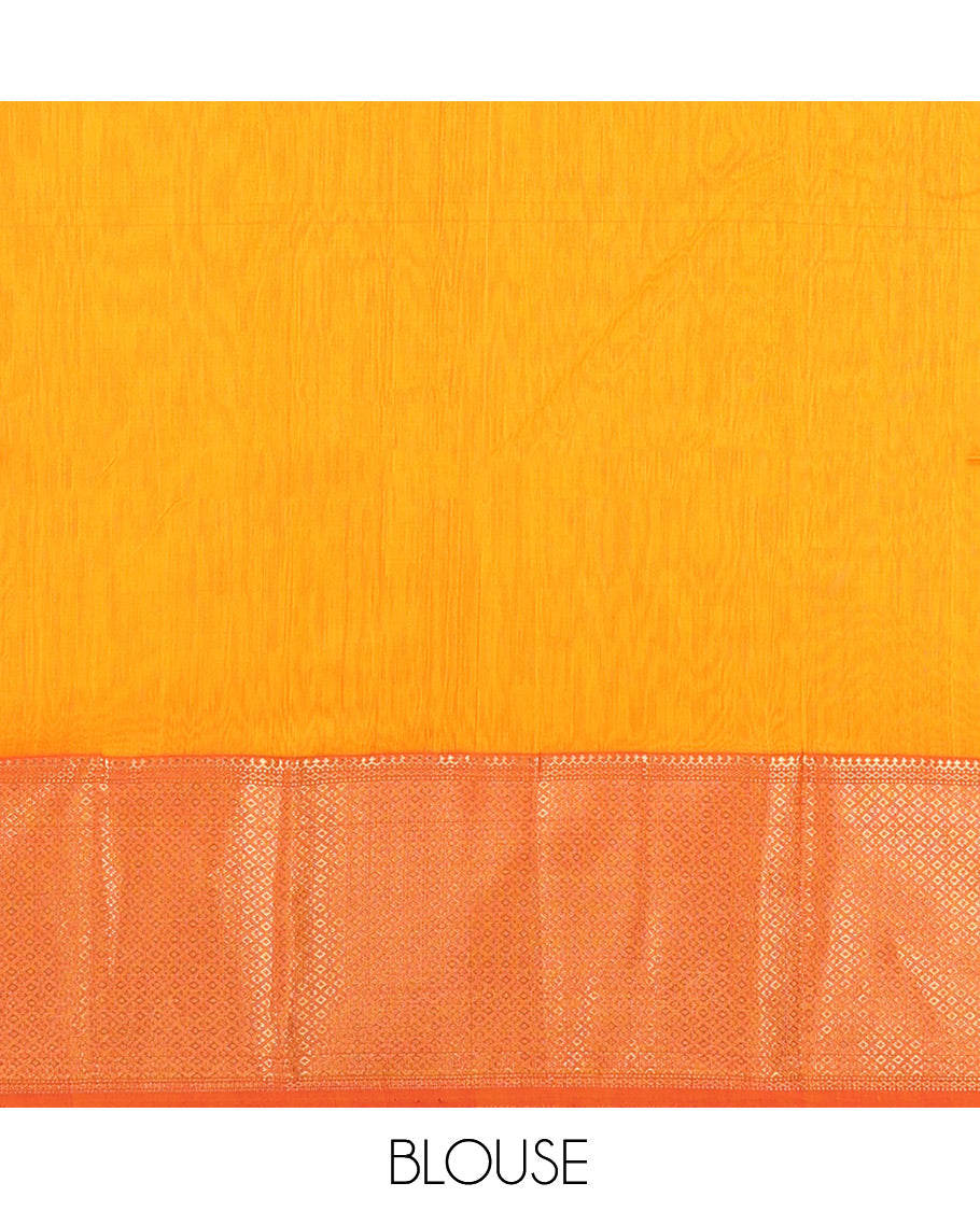 Orange Zari Buttas Maheshwari Cotton Saree, a Contrast Traditional Zari Border, Pallu of Zari Buttas, and a Matching Blouse