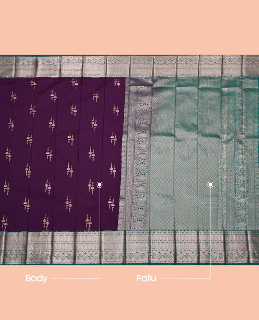 Purple Budget Silk Saree, Enriched with Zari Buttas All Over Its Body, Complemented by a Contrast Traditional Zari Design Border, Grand Jaal Pallu, and Paired with a Contrast Blouse