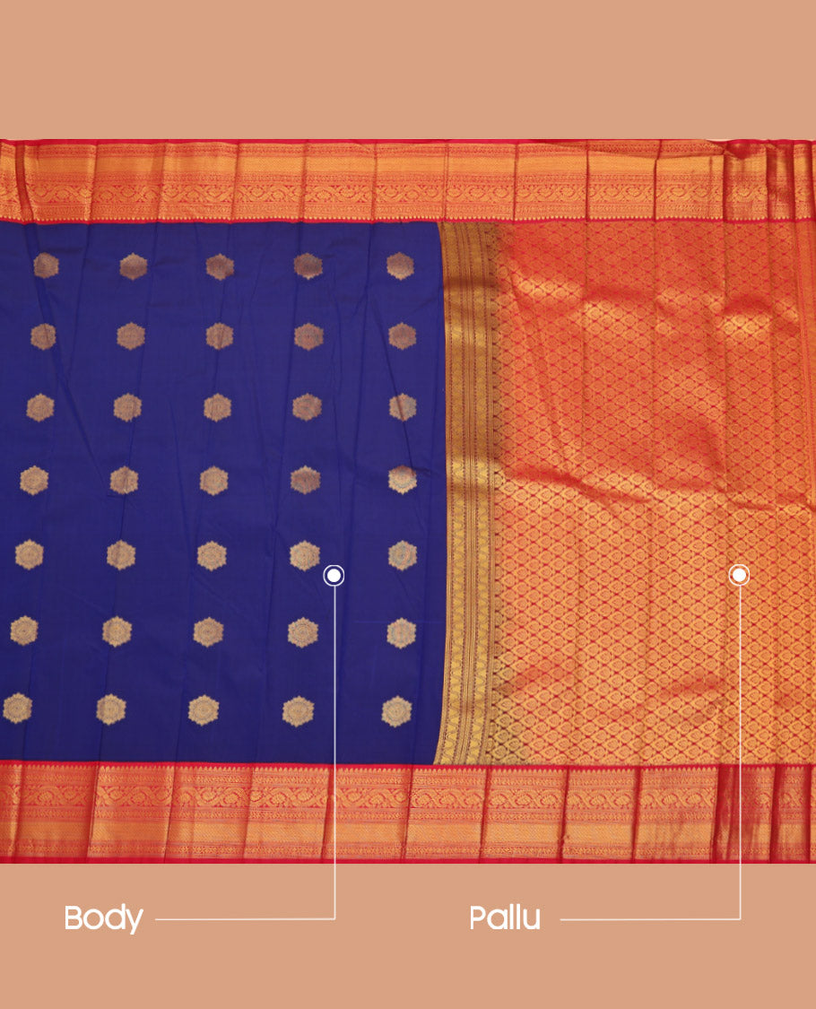 Blue Budget Silk Saree, Gleamed Up with Zari Buttas All Over Its Body, Complemented by a Contrast Traditional Zari Design Border, Grand Jaal Pallu, and Paired with a Contrast Blouse