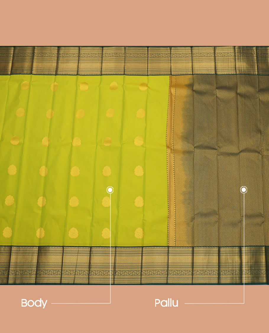 Parrot Green Budget Silk Saree, Gleamed Up with Zari Buttas, Complemented by a Contrast Traditional Zari Border, Grand Pallu, and a Contrast Blouse