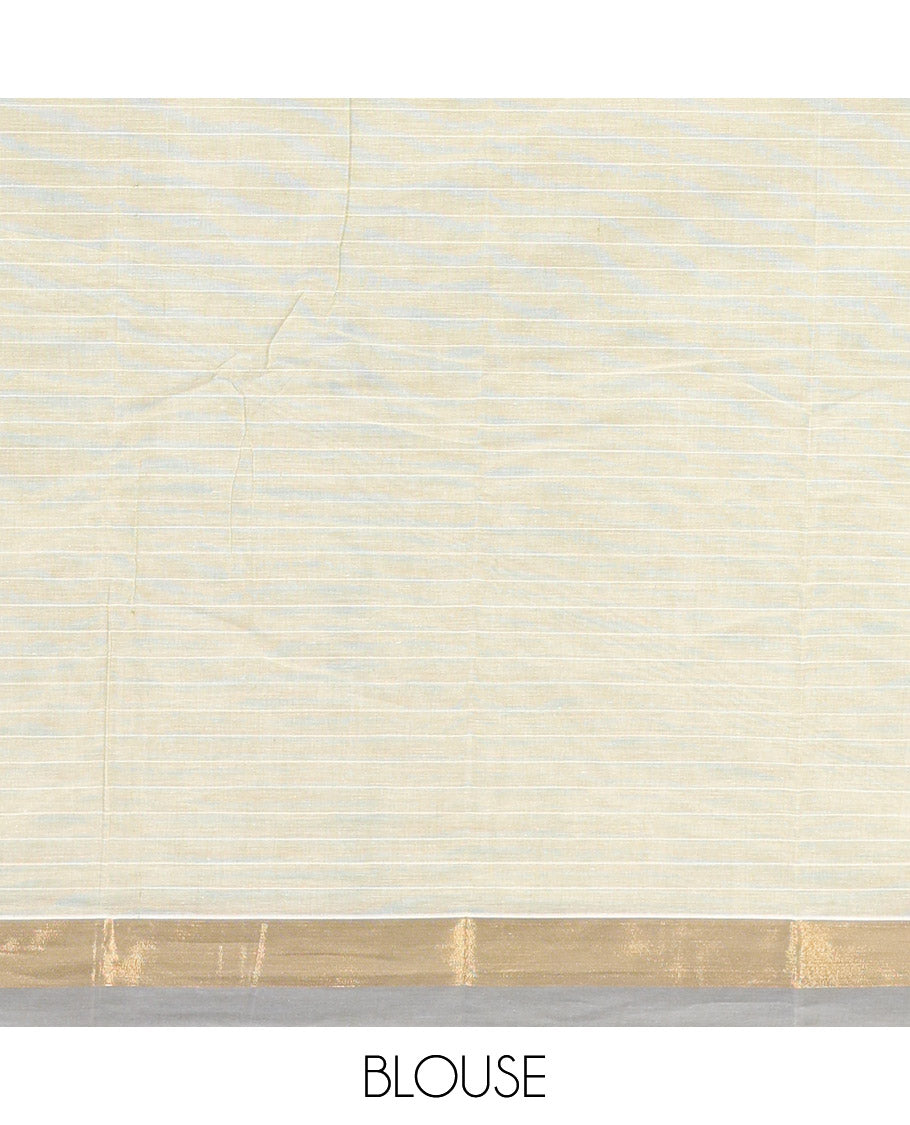 Off-White Kanchi Cotton Saree, Accentuated with Buttas, Complemented by a Contrast Border, Ogee Patterned Pallu, and a Matching Blouse