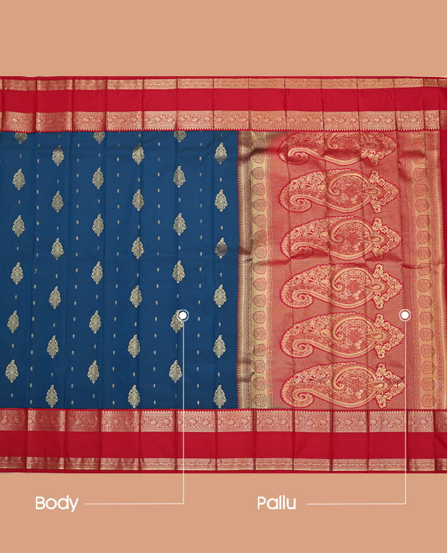 Blue Budget Silk Saree, Accentuated with Zari Buttas on Its Body, Complemented by a Contrast Traditional Zari Design Rettai Pettu Border, Grand Pallu, and Paired with a Contrast Blouse