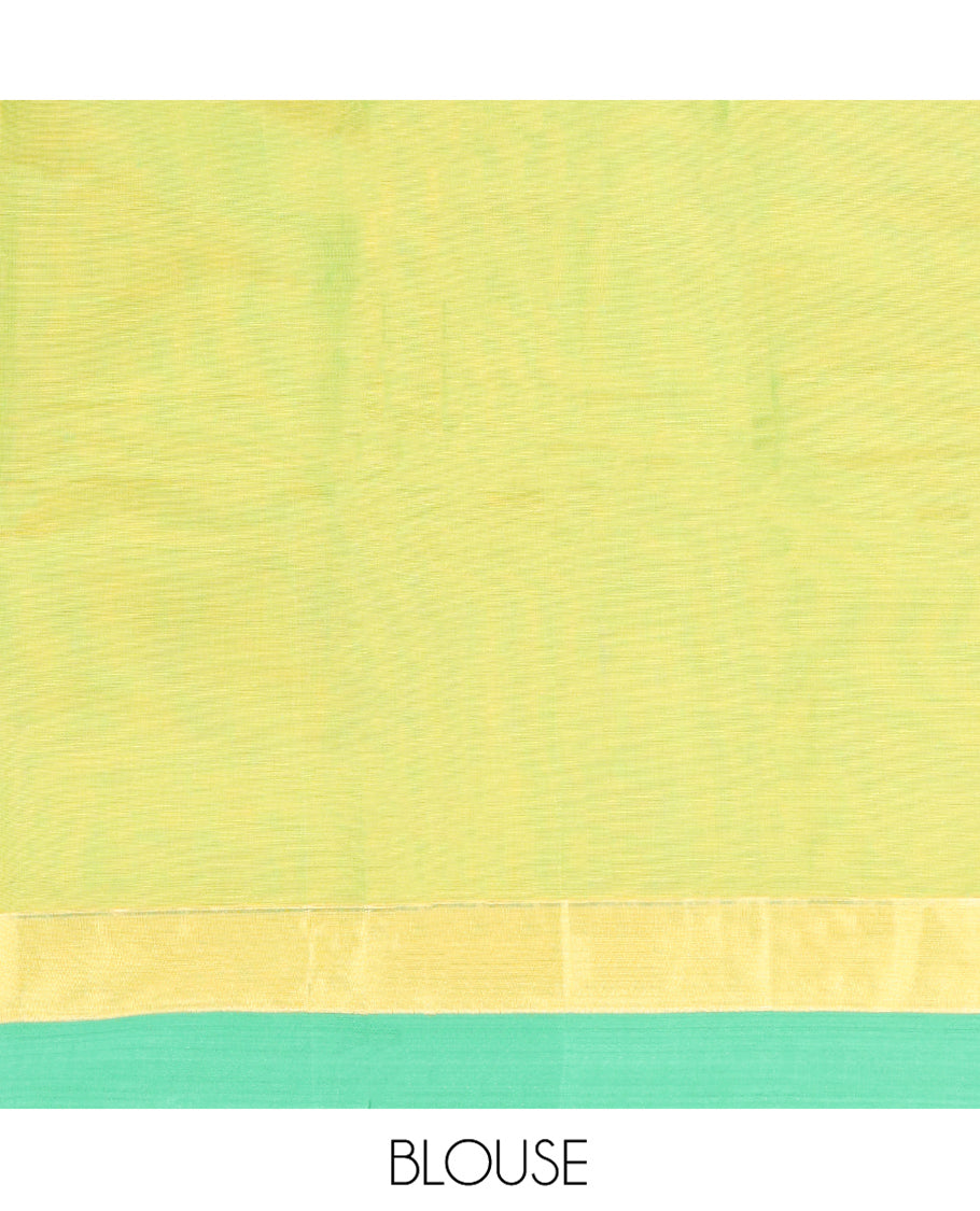 Green Kanchi Cotton Saree, Mesmerized with Buttas All Over Its Body, Complemented by a Contrast Border of Floral Designs, Pallu of Intricate Designs, and Paired with a Matching Blouse