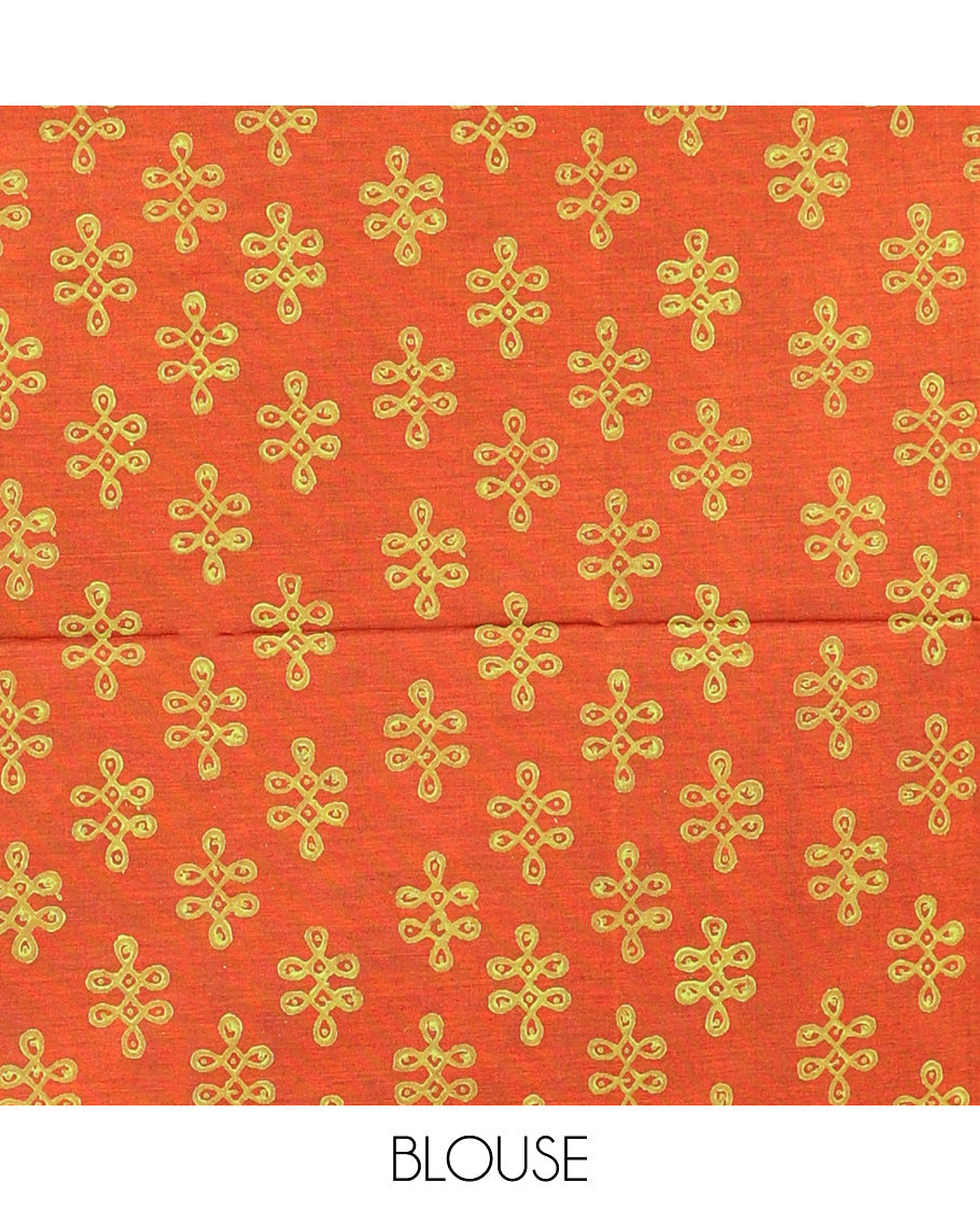 Borderless Green Poly Cotton Saree, Accentuated with Instrument Motifs Print, a Self-Pallu, and a Contrast Kolam Motifs Print Blouse