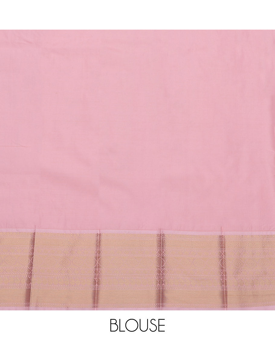 Red Budget Silk Saree, Artfully Detailed with Zari Buttas and Stripes, Complemented by a Contrast Traditional Zari Border, Jaal Pallu, and a Contrast Blouse