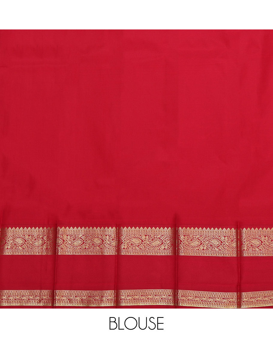 Blue Budget Silk Saree, Accentuated with Zari Buttas on Its Body, Complemented by a Contrast Traditional Zari Design Rettai Pettu Border, Grand Pallu, and Paired with a Contrast Blouse