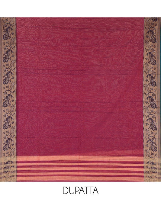 Magenta Mercerised Cotton Material Churidar Set, Subtly Made Plain with Contrast Floral-Peacock Bordered Top, a Mercerised Cotton Bottom, and Paired with a Mercerised Cotton Peacock-Bordered Dupatta