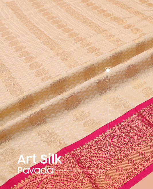 Sandal Art Silk Pavadai Material Set Gracefully Embellished with Chevron and Floral Patterns on Its Skirt, Complemented by Contrast Traditional Zari Design Border, and Paired with a Contrast Blouse