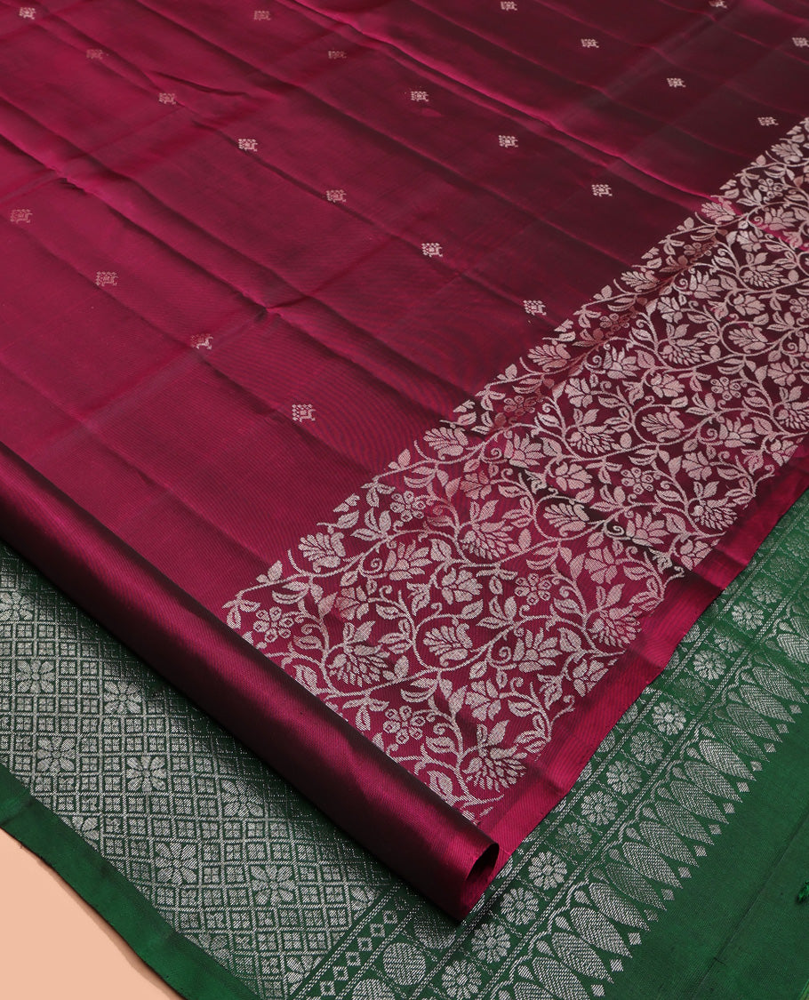 Wine Mayuri Lite Silk Mix Saree, Mesmerized with Buttas All Over Its Body, a Self-Pallu of Floral Jaal Designs, Complemented by Contrast Jaal Pallu, and Paired with a Contrast Blouse