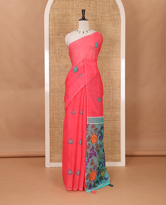 Borderless pink pichwai lotus printed linen saree, contrast kalamkari floral vine printed pallu & contrast kalamkari floral vine printed blouse