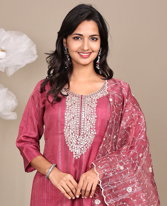 Pink Ready-Made Tissue Suit, Adorned with Paisley-Floral Print, Round-Neckline, 3/4 Sleeves, and a Straight-Cut Top, Paired with Straight-Cut Pants and a Paisley-Floral Printed Dupatta