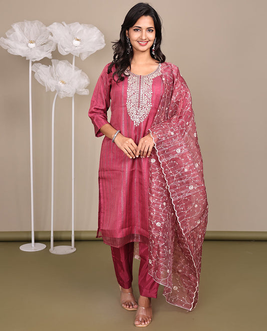 Pink Ready-Made Tissue Suit, Adorned with Paisley-Floral Print, Round-Neckline, 3/4 Sleeves, and a Straight-Cut Top, Paired with Straight-Cut Pants and a Paisley-Floral Printed Dupatta