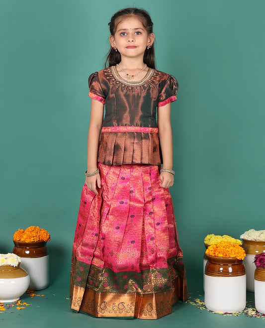 Pink readymade art silk pavadai, jacquard & contrast traditional zari border skirt, & jacquard embroidered puff-sleeve round-neck blouse