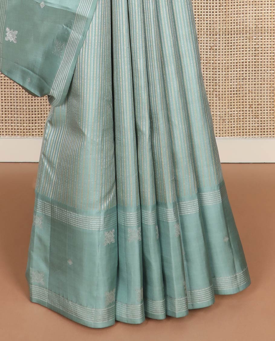 Green zari stripes silk saree, self-border of zari designs & pallu of zari-woven jaal designs
