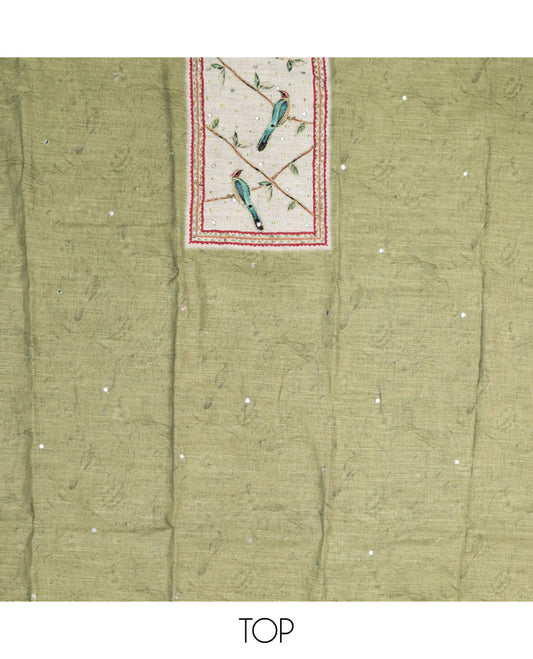 Green  Material Chudidar Set, Artfully Detailed with Mirror Work and Floral-Bird Print and Embroidered Neck Work Lilan Cotton Top, a Plain Rayon Bottom, and Paired with a Contrast Floral-Bird-Printed Lilan Cotton Dupatta