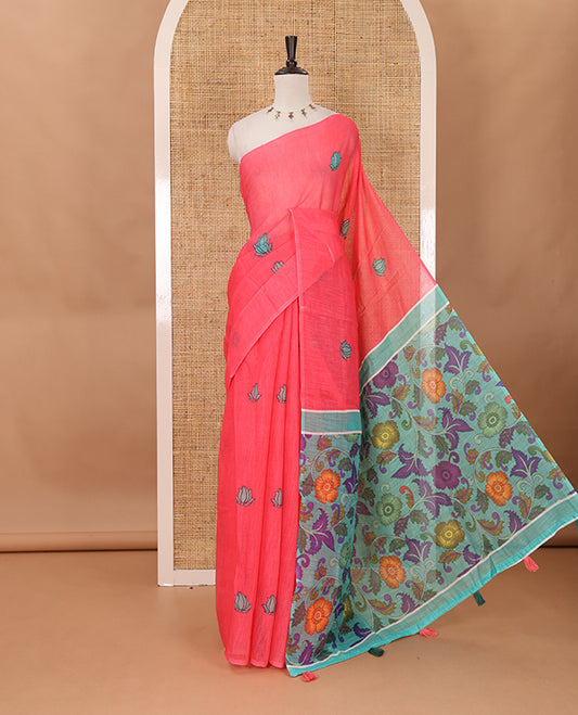 Borderless pink pichwai lotus printed linen saree, contrast kalamkari floral vine printed pallu & contrast kalamkari floral vine printed blouse