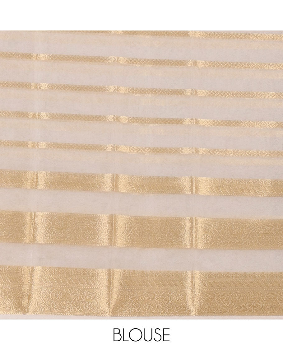 Half-white veldhari zari design semi-organza saree, gold zari floral creeper border, zari design pallu & blouse