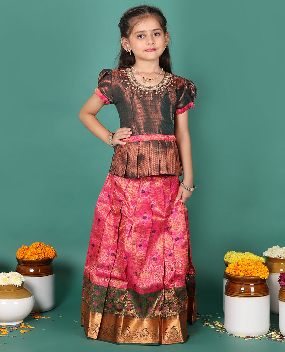 Pink readymade art silk pavadai, jacquard & contrast traditional zari border skirt, & jacquard embroidered puff-sleeve round-neck blouse