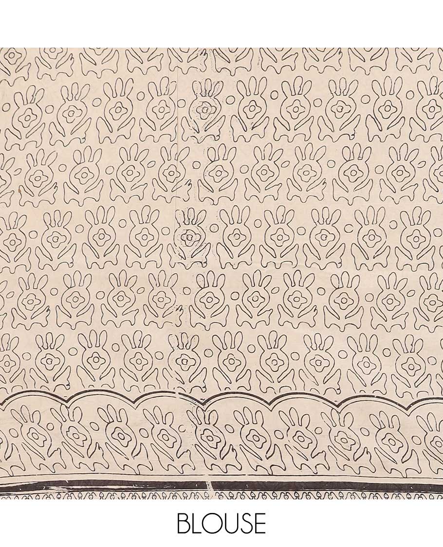 Blue floral design machine-printed kalamkari cotton saree with contrast border & geometric design pallu