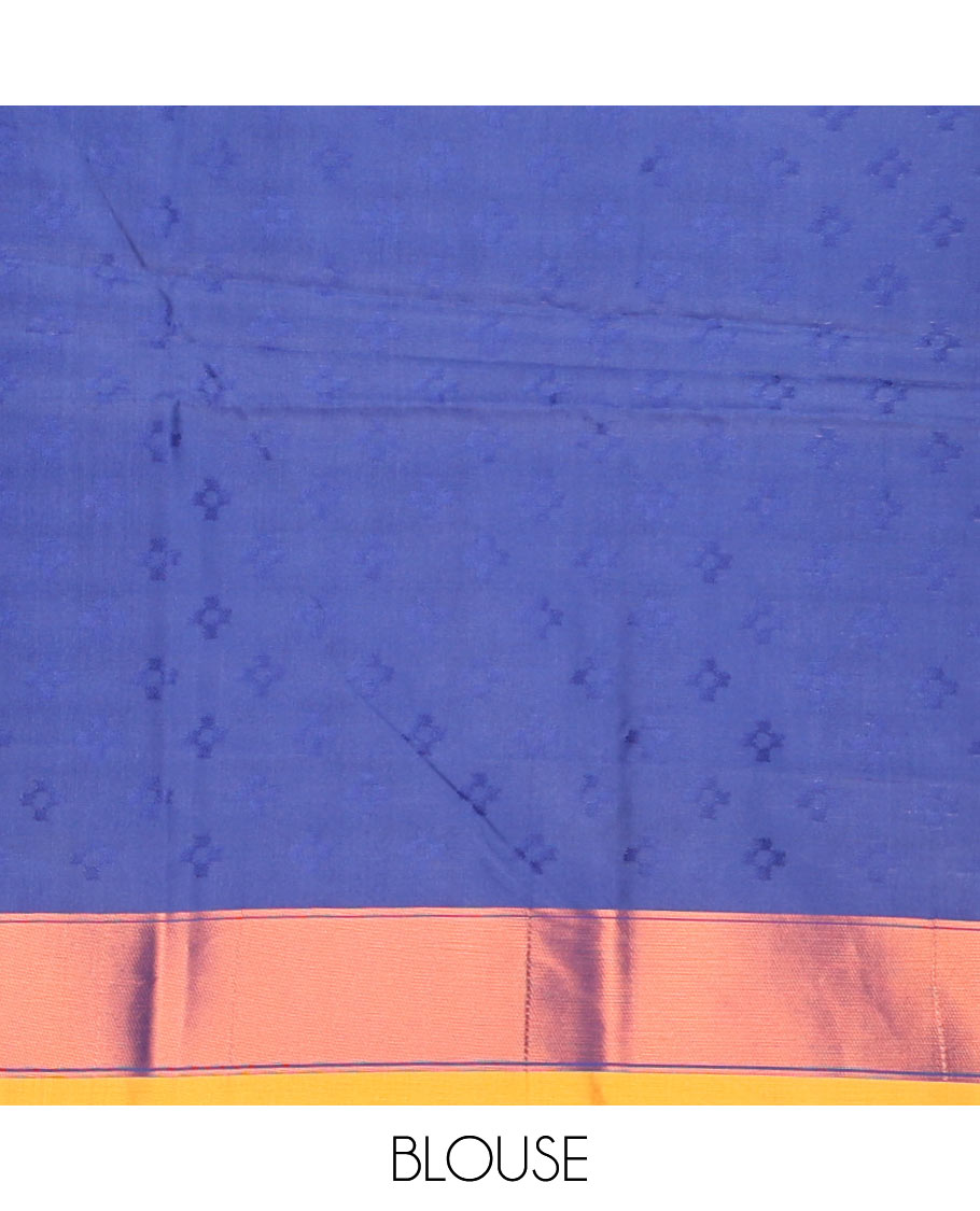 Blue floral motifs butter silk saree with contrast zig zag striped border & geometric motifs pallu