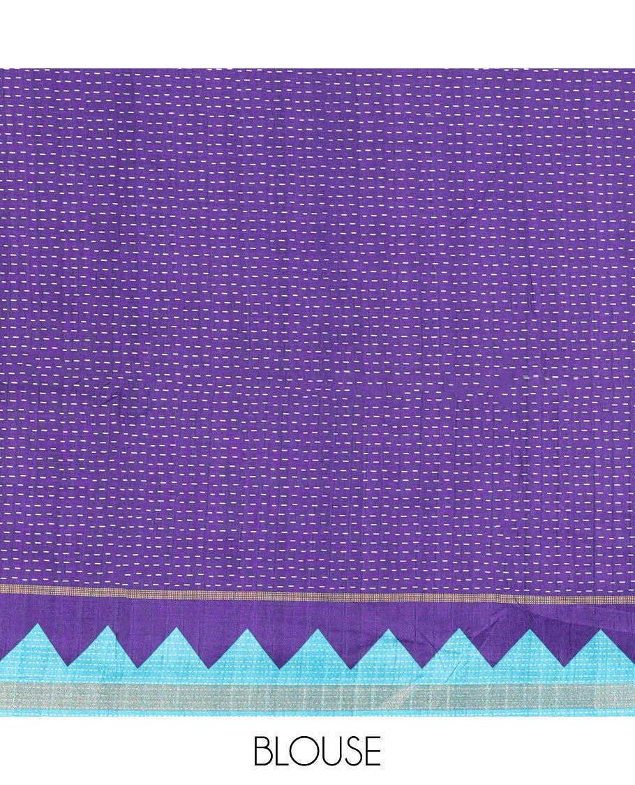 Blue Kanta Silk Saree, Delicately Woven with Dotted Kantha-Stitch Embroidery All Over Its Body,  Complemented by a Contrast Border, Kantha-Stitch Embroidered Pallu, and Paired with a Contrast Blouse