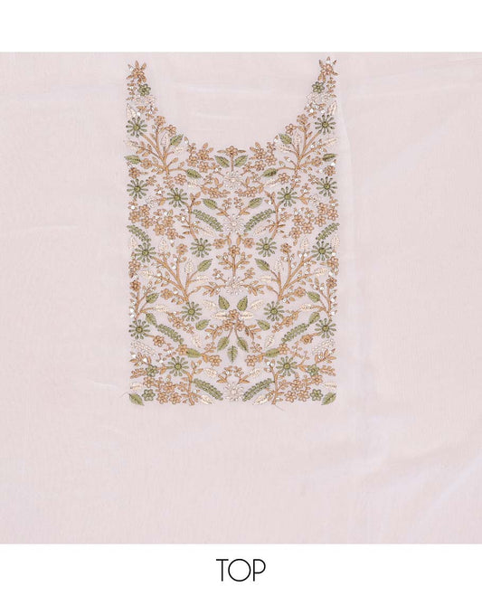White chudidhar material set floral embroidered top, plain bottom & floral design dupatta