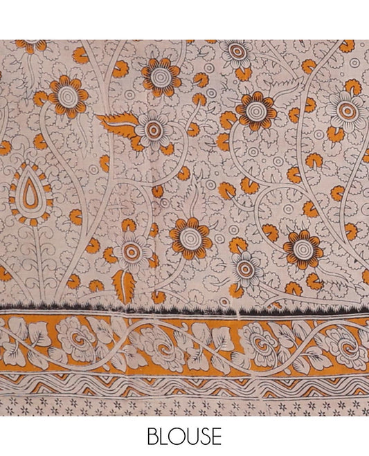 Blue floral vine design machine-printed kalamkari cotton saree with contrast floral design border & human inspried design pallu