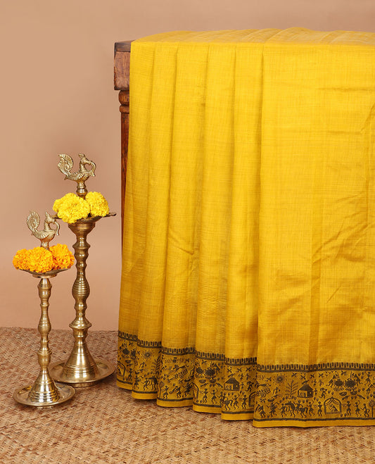 Yellow art tussar silk saree with thread border & cheer pallu along with running blouse