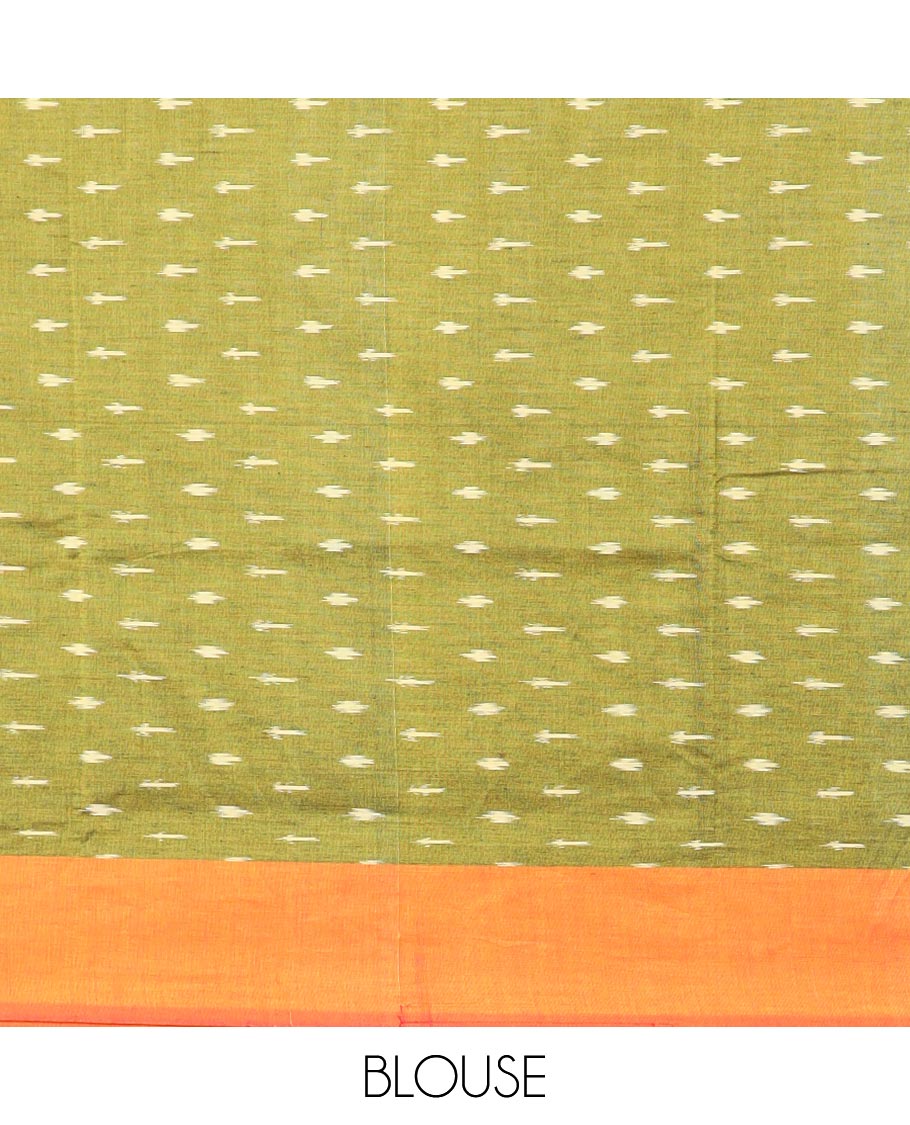 Green geometric design ikkat cotton saree with contrast border & intricate design pallu